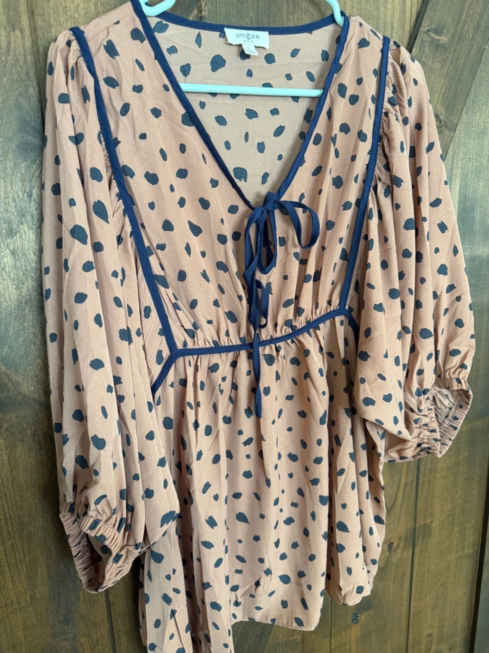 Umgee Blush Tan Dot Babydoll Top with Navy Trim